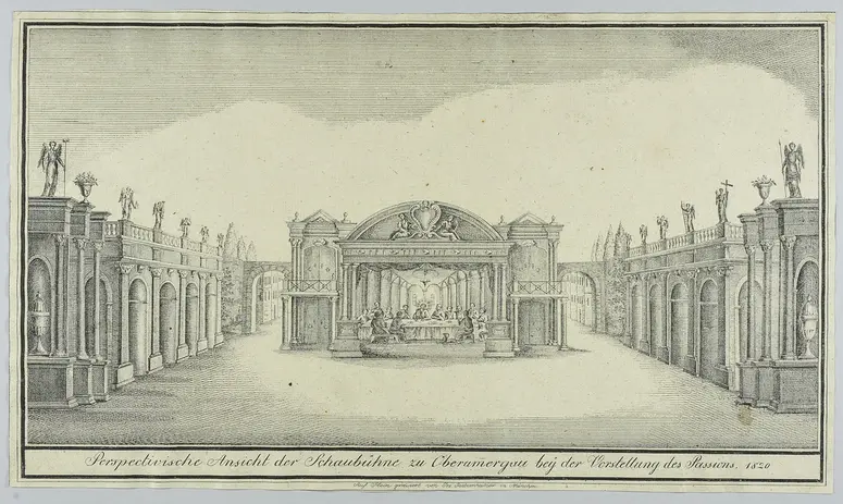 Oberammergau, Passionsspiele, Titel in Vorlageform: Perspectivische Ansicht der Schaubühne zu Oberammergau bey der Vorstellung des Passions. 1820