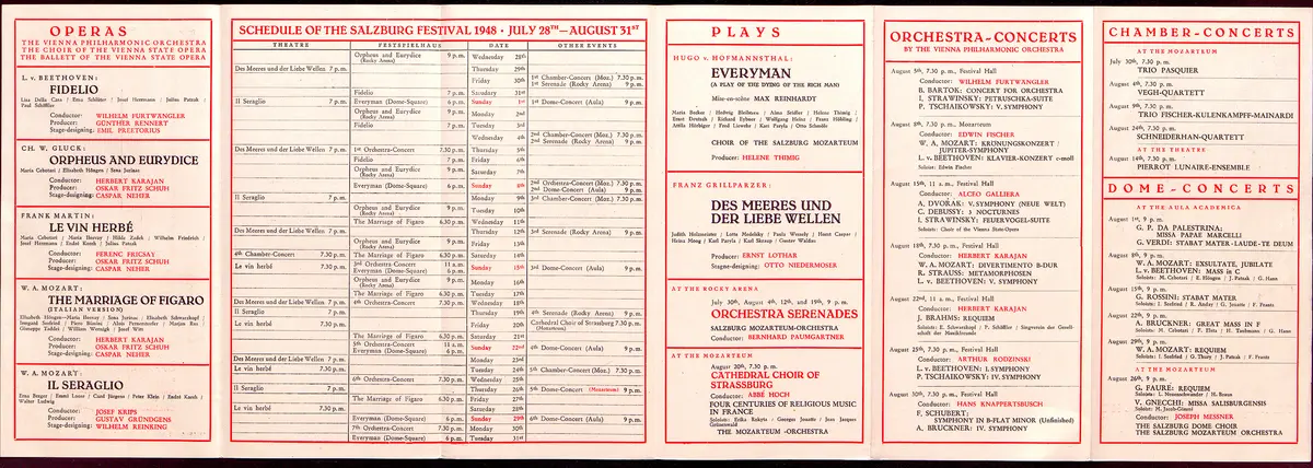 Salzburger Festspiele 1948, Titel in Vorlageform: Salzburg Festivals 1948, Verweis auf Stücktitel: Fidelio, Verweis auf Stücktitel: Orpheus und Eurydike, Verweis auf Stücktitel: Le vin herbé (Der Zaubertrank), Verweis auf Stücktitel: Figaros Hochzeit, Verweis auf Stücktitel: Entführung aus dem Serail, Verweis auf Stücktitel: Jedermann, Verweis auf Stücktitel: Des Meeres und der Liebe Wellen