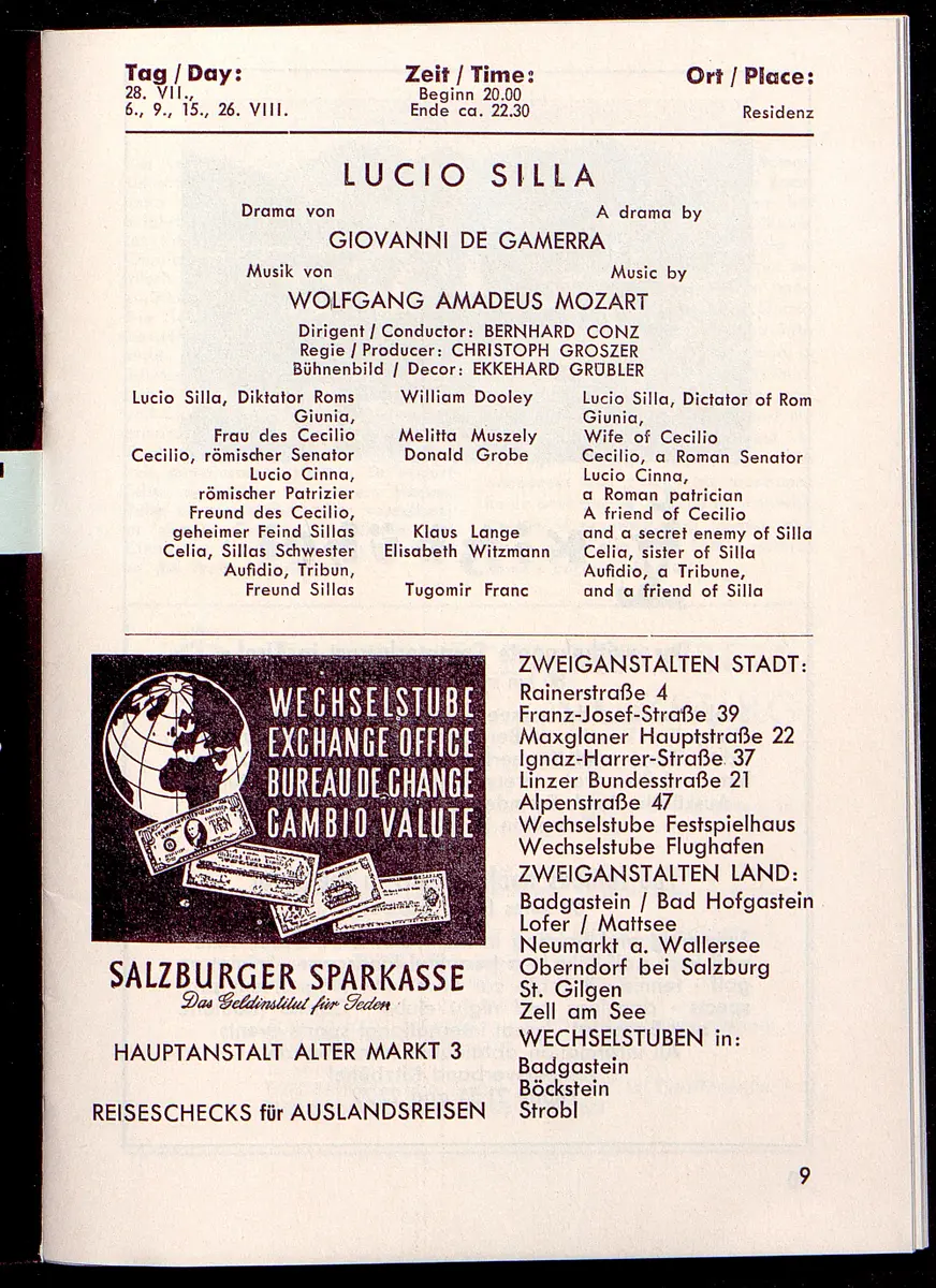 Salzburger Festspiele 1964, Titel in Vorlageform: Salzburgo Festival 1964, Verweis auf Stücktitel: Cosi fan tutte, Verweis auf Stücktitel: Figaros Hochzeit, Verweis auf Stücktitel: Lucio Silla, Verweis auf Stücktitel: Die Zauberflöte, Verweis auf Stücktitel: Ariadne auf Naxos, Verweis auf Stücktitel: Elektra, Verweis auf Stücktitel: Der Rosenkavalier, Verweis auf Stücktitel: Macbeth, Verweis auf Stücktitel: Jedermann, Verweis auf Stücktitel: Faust, Verweis auf Stücktitel: Die lustigen Weiber von Windsor