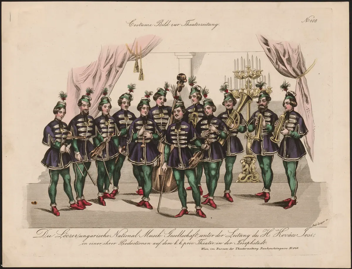 Die Lóczer ungarische National Musik Gesellschaft unter Leitung des H. Kovács Josi, Titel der Serie: Costume-Bild, Name der Zeitschrift: Wiener Theaterzeitung