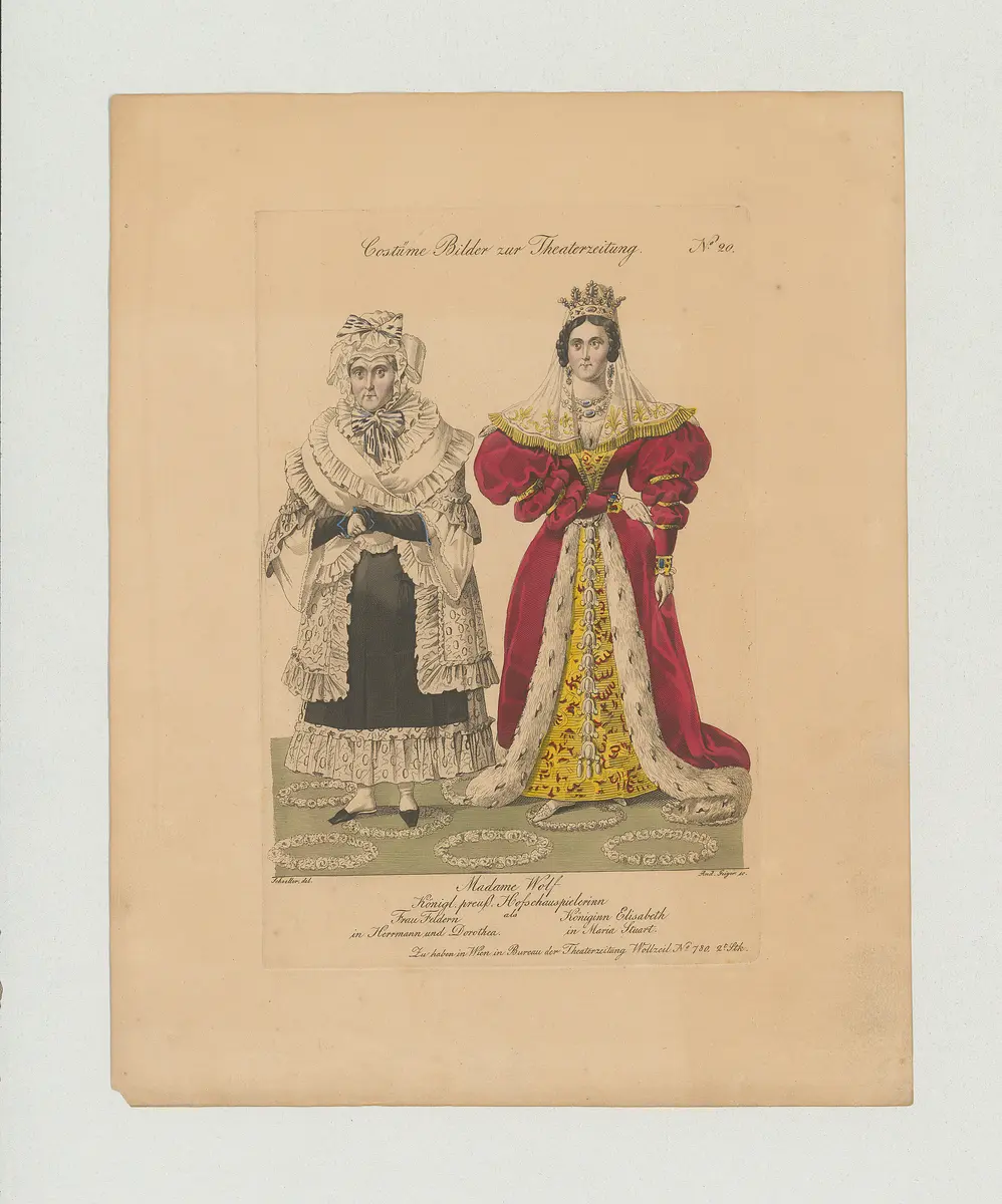 Amalie Wolff, Titel der Serie: Costume-Bild, Name der Zeitschrift: Wiener Theaterzeitung, Verweis auf Stücktitel: Hermann und Dorothea, Verweis auf Stücktitel: Die Flucht aus Kenilworth