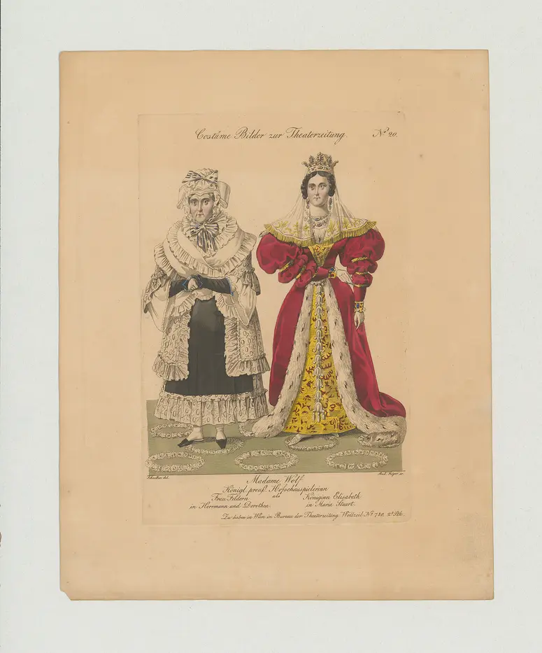 Amalie Wolff, Titel der Serie: Costume-Bild, Name der Zeitschrift: Wiener Theaterzeitung, Verweis auf Stücktitel: Hermann und Dorothea, Verweis auf Stücktitel: Die Flucht aus Kenilworth
