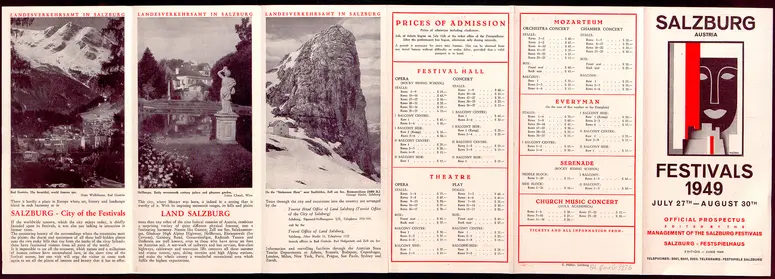 Salzburger Festspiele 1949, Titel in Vorlageform: Salzburg Festivals 1949, Verweis auf Stücktitel: Fidelio, Verweis auf Stücktitel: Orpheus und Eurydike, Verweis auf Stücktitel: Titus, Verweis auf Stücktitel: Zauberflöte, Verweis auf Stücktitel: Antigone, Verweis auf Stücktitel: Rosenkavalier, Verweis auf Stücktitel: Jedermann, Verweis auf Stücktitel: Clavigo, Verweis auf Stücktitel: Iphigenie