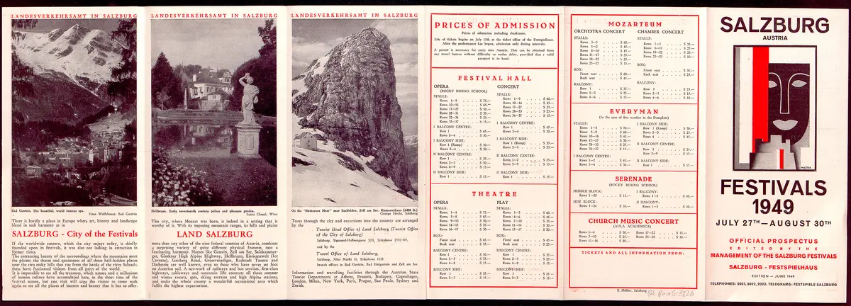 Salzburger Festspiele 1949, Titel in Vorlageform: Salzburg Festivals 1949, Verweis auf Stücktitel: Fidelio, Verweis auf Stücktitel: Orpheus und Eurydike, Verweis auf Stücktitel: Titus, Verweis auf Stücktitel: Zauberflöte, Verweis auf Stücktitel: Antigone, Verweis auf Stücktitel: Rosenkavalier, Verweis auf Stücktitel: Jedermann, Verweis auf Stücktitel: Clavigo, Verweis auf Stücktitel: Iphigenie