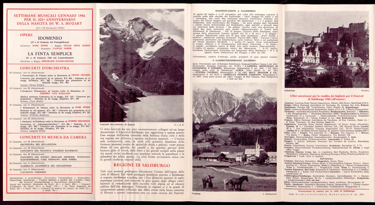 Salzburger Festspiele 1955, Titel in Vorlageform: Salzburgo Festival musicale 1955, Verweis auf Stücktitel: Irische Legende, Verweis auf Stücktitel: Zauberflöte, Verweis auf Stücktitel: Entführung aus dem Serail, Verweis auf Stücktitel: Palestrina, Verweis auf Stücktitel: Ariadne auf Naxos, Verweis auf Stücktitel: Jedermann, Verweis auf Stücktitel: Kabale und Liebe