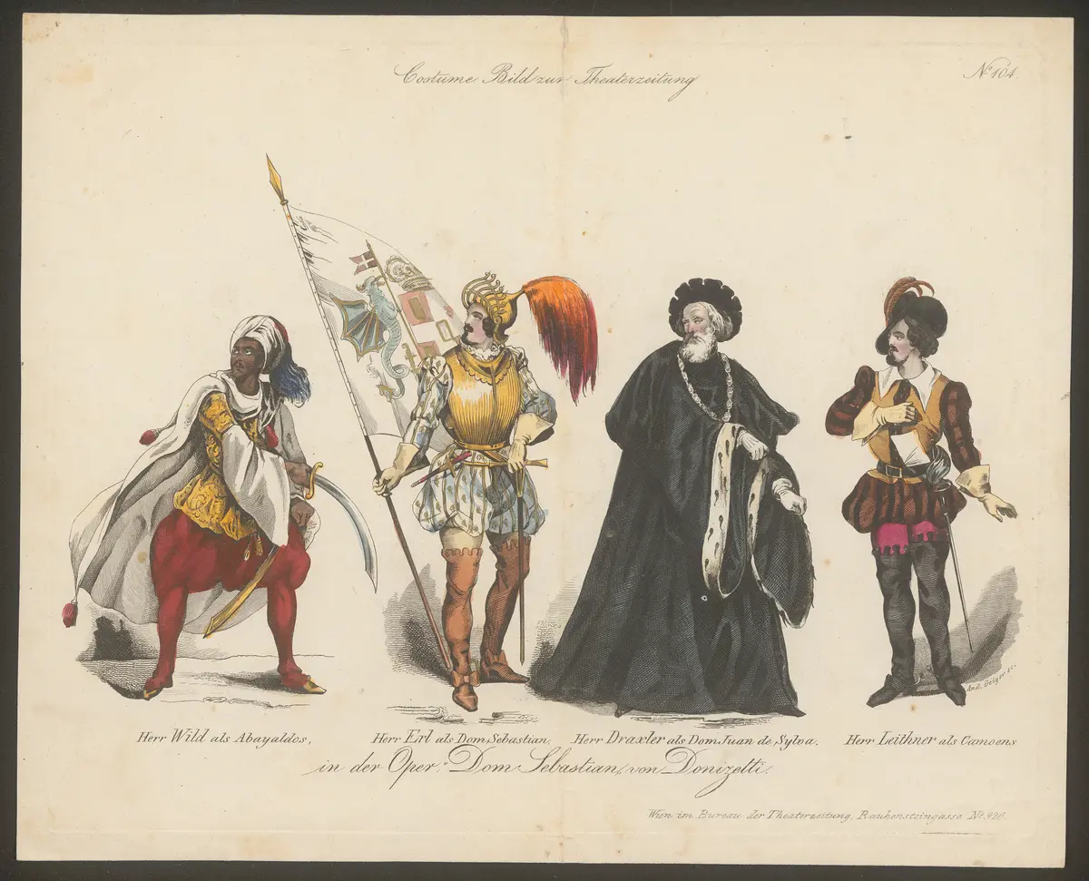 Dom Sebastian, Titel der Serie: Costume-Bild, Name der Zeitschrift: Wiener Theaterzeitung, Alternativtitel: Wild als Abayaldos, Erl als Dom Sebastian, Draxler als Don Juan de Sylva, Leither als Camoens in der Oper Dom Sebastian von Donizetti