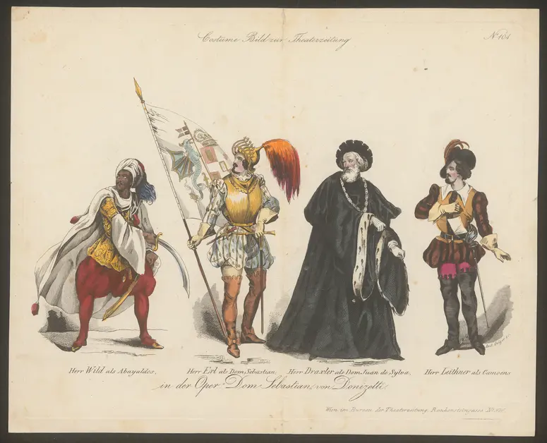 Dom Sebastian, Titel der Serie: Costume-Bild, Name der Zeitschrift: Wiener Theaterzeitung, Alternativtitel: Wild als Abayaldos, Erl als Dom Sebastian, Draxler als Don Juan de Sylva, Leither als Camoens in der Oper Dom Sebastian von Donizetti