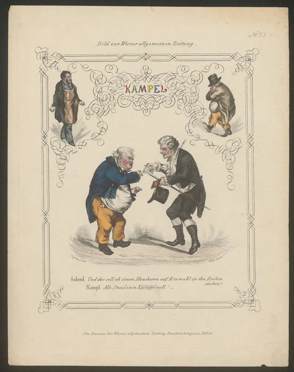 Kampel, Alternativtitel: Kampl oder das Mädchen mit Millionen und die Nähterin, Titel der Serie: Bild zur Wiener allgemeinen Zeitung, Name der Zeitschrift: Wiener Theaterzeitung