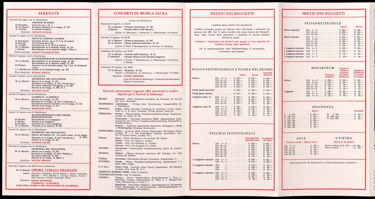 Salzburger Festspiele 1961, Titel in Vorlageform: Salzburgo Festival musicale 1961, Verweis auf Stücktitel: Cosi fan tutte, Verweis auf Stücktitel: Die Entführung aus dem Serail, Verweis auf Stücktitel: Don Giovanni, Verweis auf Stücktitel: Idomeneo, Verweis auf Stücktitel: Der Rosenkavalier, Simon Boccanegra, Verweis auf Stücktitel: Das Bergwerk zu Falun, Verweis auf Stücktitel: Jedermann, Verweis auf Stücktitel: Faust, Verweis auf Stücktitel: Der Bauer als Millionär