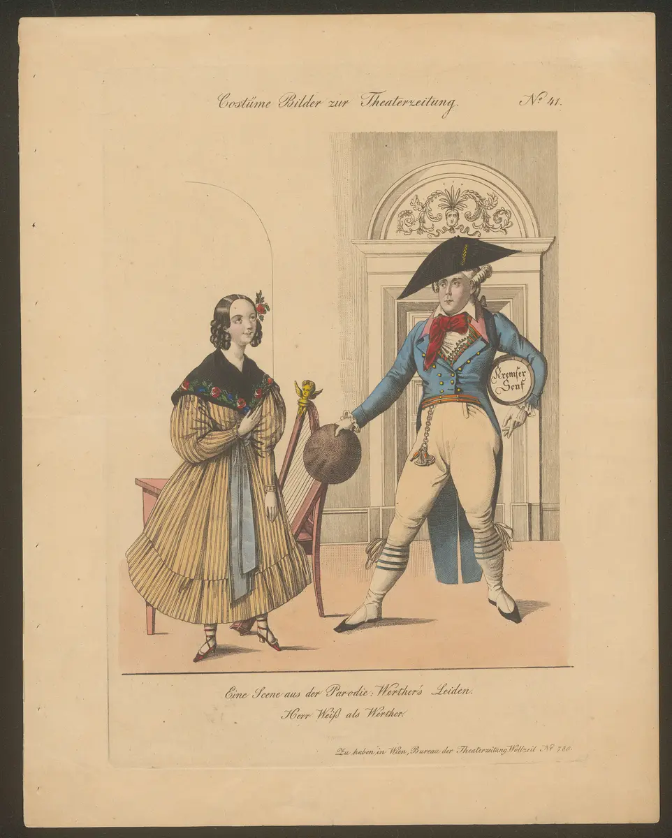 Werther's Leiden, Alternativtitel: Werthers Leiden oder der Pudel als Retter, Titel der Serie: Costume-Bild, Name der Zeitschrift: Wiener Theaterzeitung