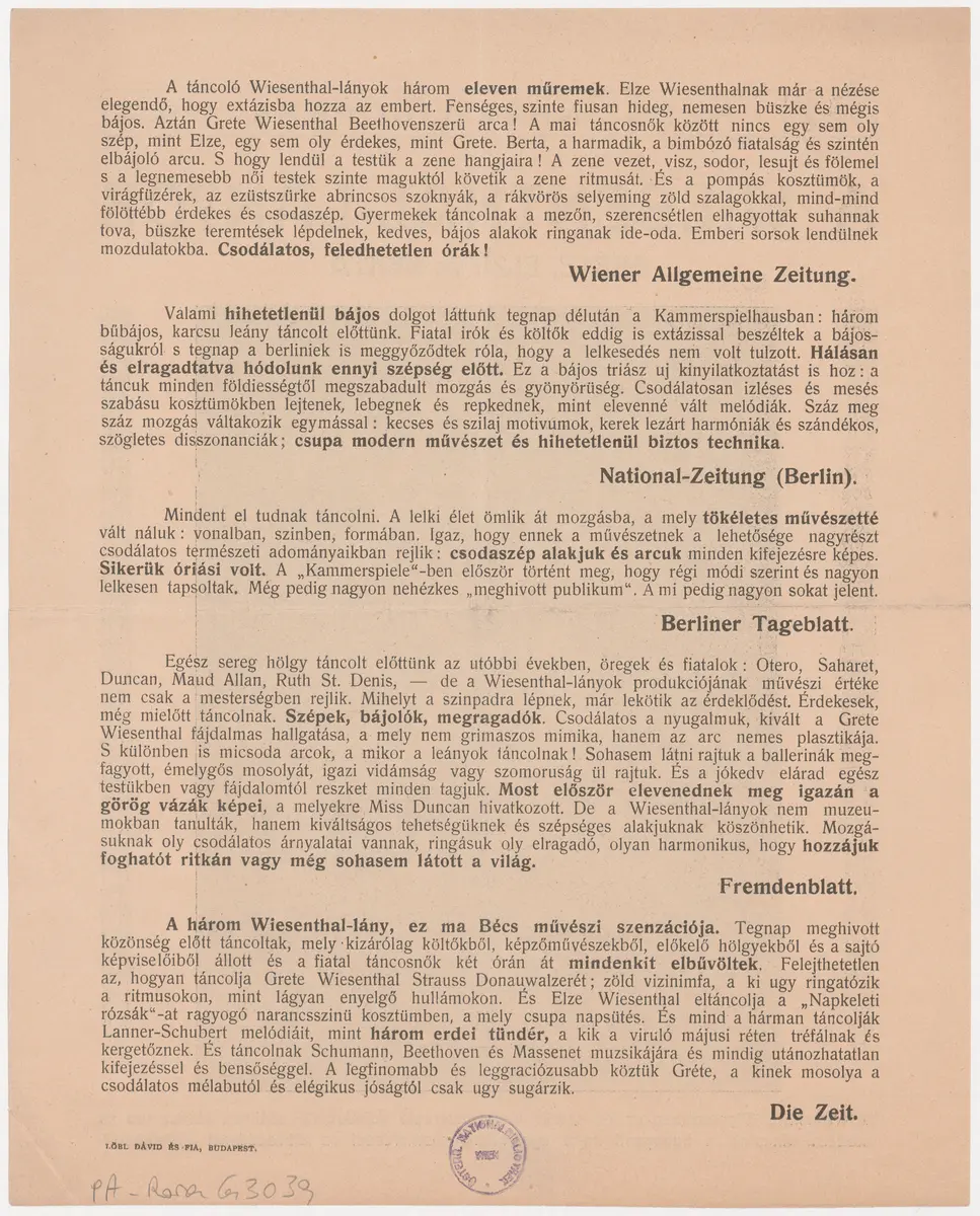 Die Wiesenthal Mädchen, Titel in Vorlageform: A Wiesenthal-Lányok