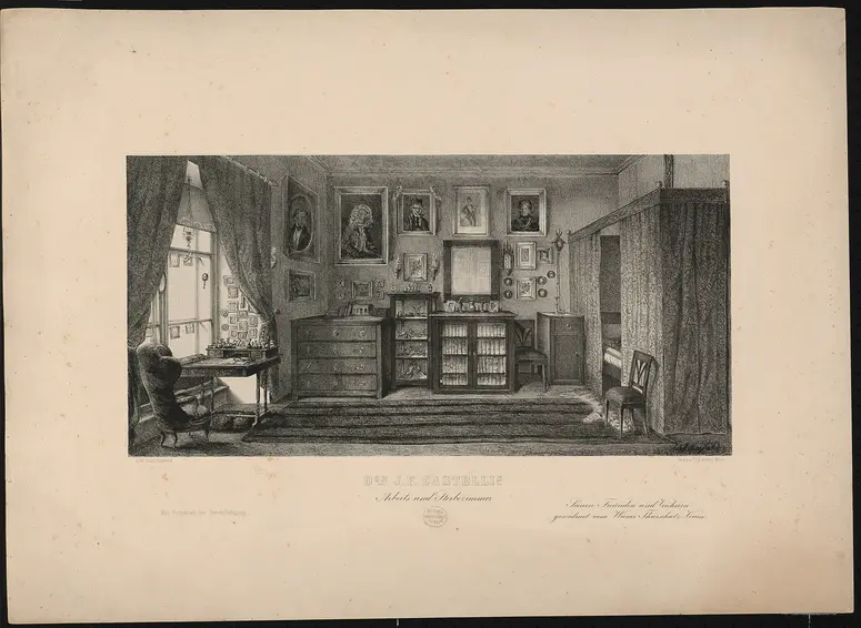 Ignaz Franz Castellis Arbeits- und Sterbezimmer, Alternativtitel: Wien (allgemein), Castellis Arbeits- und Sterbezimmer, Titel in Vorlageform: Dor J.F. Castellis Arbeits und Sterbezimmer