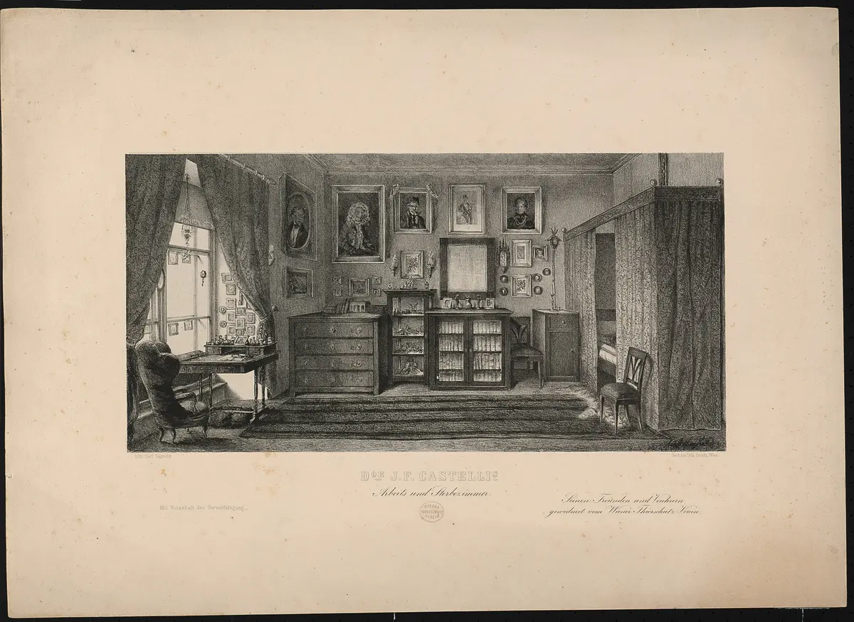 Ignaz Franz Castellis Arbeits- und Sterbezimmer, Alternativtitel: Wien (allgemein), Castellis Arbeits- und Sterbezimmer, Titel in Vorlageform: Dor J.F. Castellis Arbeits und Sterbezimmer