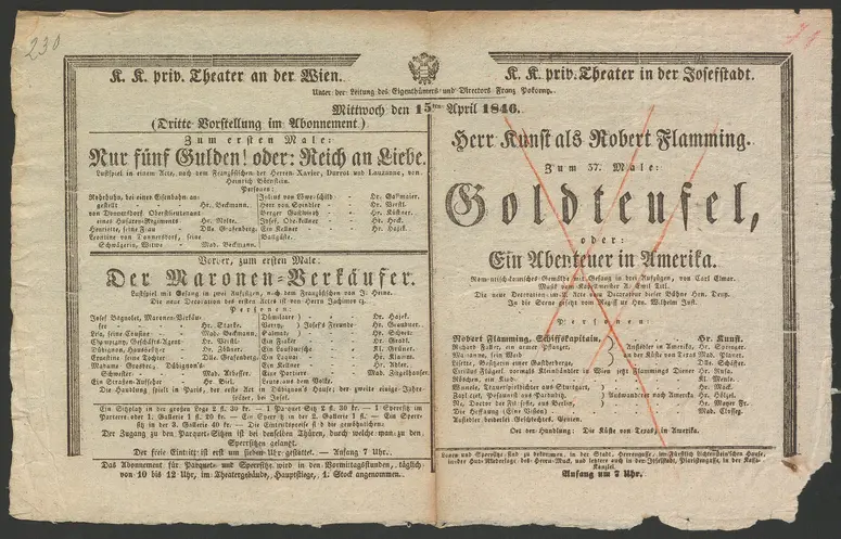 Nur fünf Gulden, oder Reich an Liebe, Der Maronenverkäufer, Goldteufel, oder Ein Abenteuer in Amerika
