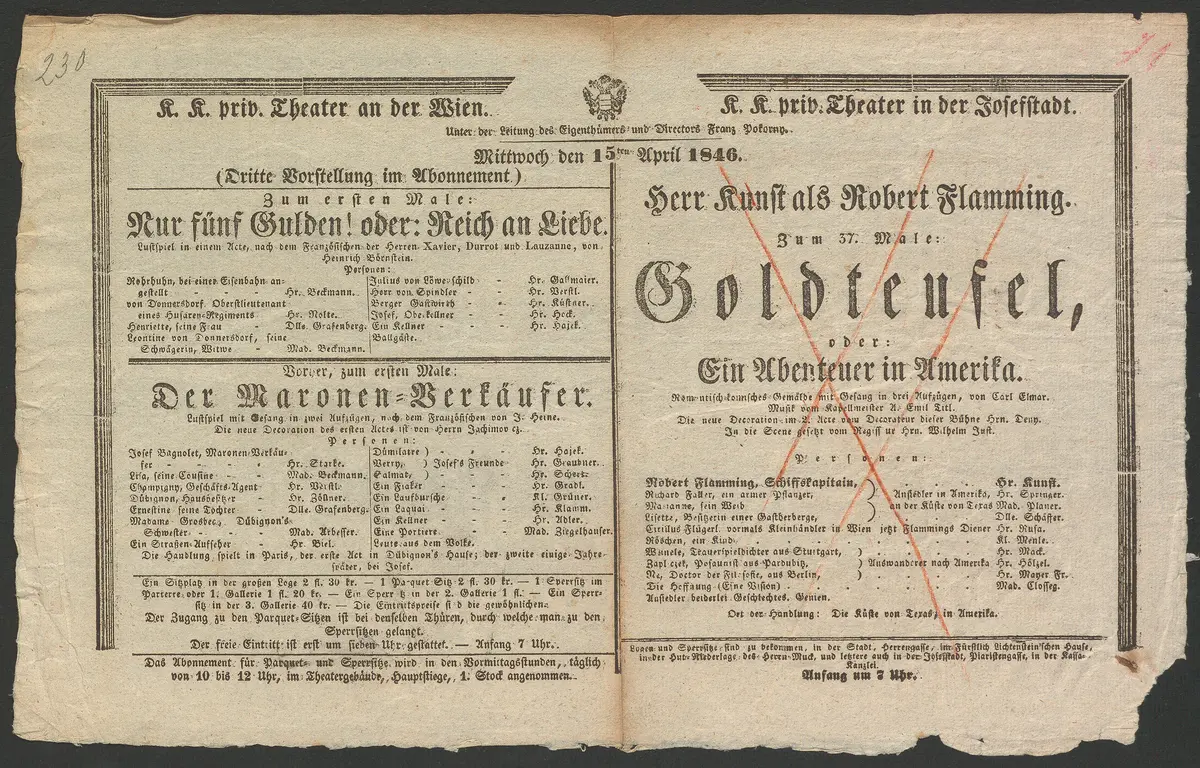 Nur fünf Gulden, oder Reich an Liebe, Der Maronenverkäufer, Goldteufel, oder Ein Abenteuer in Amerika