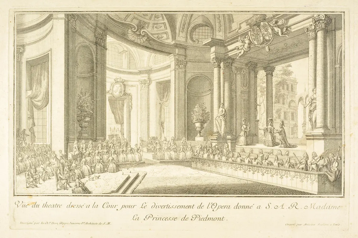 Turin, Palazzo Madama, Titel in Vorlageform: Vüe du theatre dressé a la Cour pour le divertissement de l'opera donné a S. A. R. Madame la Princesse de Piedmont