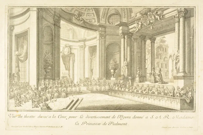 Turin, Palazzo Madama, Titel in Vorlageform: Vüe du theatre dressé a la Cour pour le divertissement de l'opera donné a S. A. R. Madame la Princesse de Piedmont