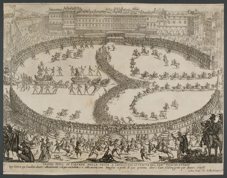 Guerra di bellezza, Titel in Vorlageform: Guerra di bellezza. Festa a cavallo fatta in Firenze per la venuta del Serenissimo Principe d'Urbino. L'Ottobre del 1616.