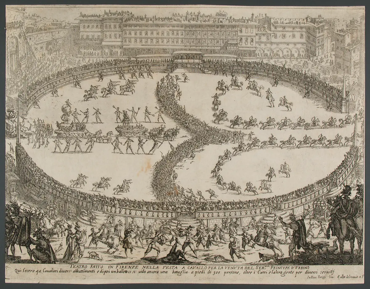 Guerra di bellezza, Titel in Vorlageform: Guerra di bellezza. Festa a cavallo fatta in Firenze per la venuta del Serenissimo Principe d'Urbino. L'Ottobre del 1616.