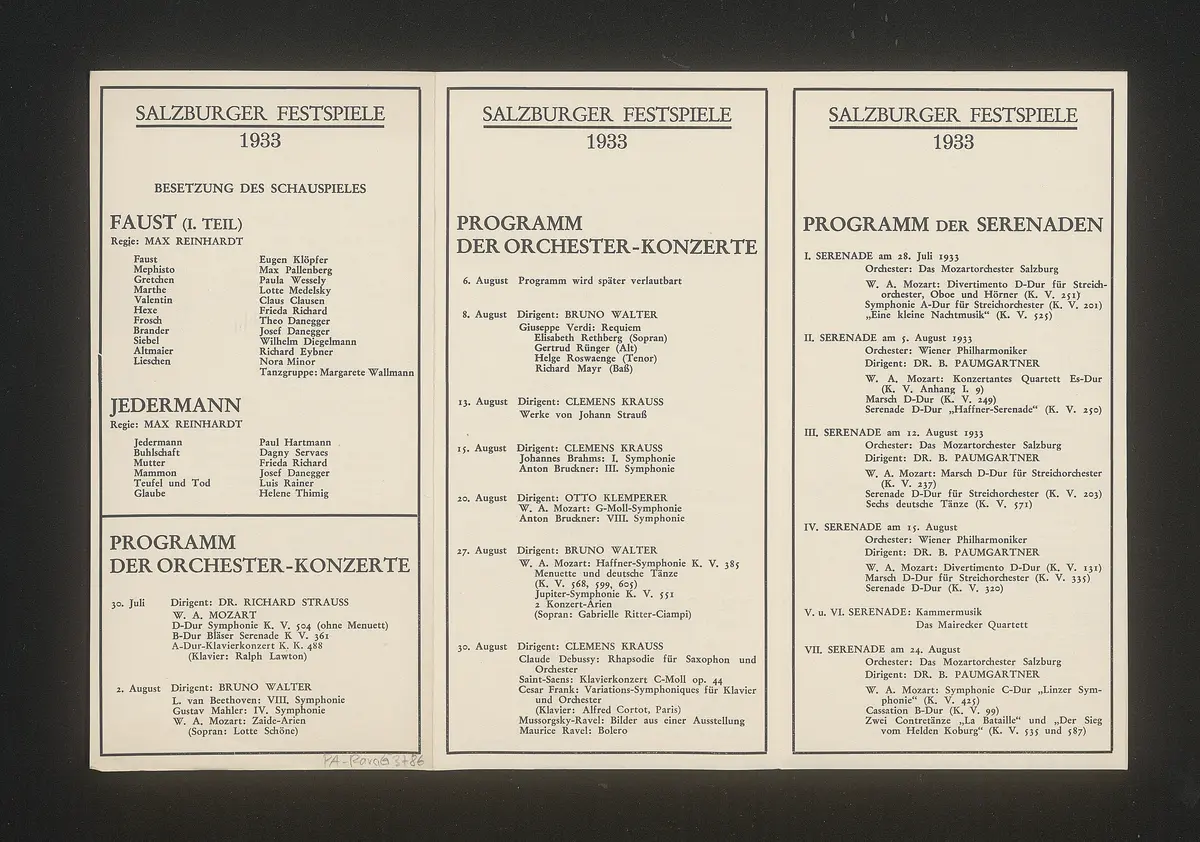 Salzburger Festspiele 1933, Verweis auf Stücktitel: Die ägyptische Helena, Verweis auf Stücktitel: Cosi fan tutte, Verweis auf Stücktitel: Fidelio, Verweis auf Stücktitel: Die Frau ohne Schatten, Verweis auf Stücktitel: Die Hochzeit des Figaro, Verweis auf Stücktitel: Oberon, Verweis auf Stücktitel: Orpheus und Eurydike, Verweis auf Stücktitel: Der Rosenkavalier, Verweis auf Stücktitel: Tristan und Isolde, Verweis auf Stücktitel: Zauberflöte, Verweis auf Stücktitel: Jedermann, Verweis auf Stücktitel: Faust