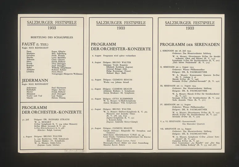 Salzburger Festspiele 1933, Verweis auf Stücktitel: Die ägyptische Helena, Verweis auf Stücktitel: Cosi fan tutte, Verweis auf Stücktitel: Fidelio, Verweis auf Stücktitel: Die Frau ohne Schatten, Verweis auf Stücktitel: Die Hochzeit des Figaro, Verweis auf Stücktitel: Oberon, Verweis auf Stücktitel: Orpheus und Eurydike, Verweis auf Stücktitel: Der Rosenkavalier, Verweis auf Stücktitel: Tristan und Isolde, Verweis auf Stücktitel: Zauberflöte, Verweis auf Stücktitel: Jedermann, Verweis auf Stücktitel: Faust