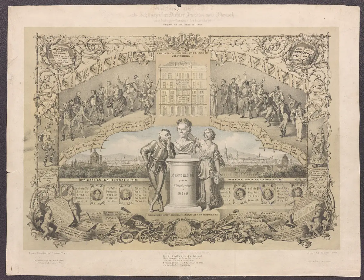 Johann Nepomuk Nestroy, Titel in Vorlageform: Johann Nestroy / als Schauspieler, Dichter, Direktor und Mensch / simbolgrafisches Lebensbild