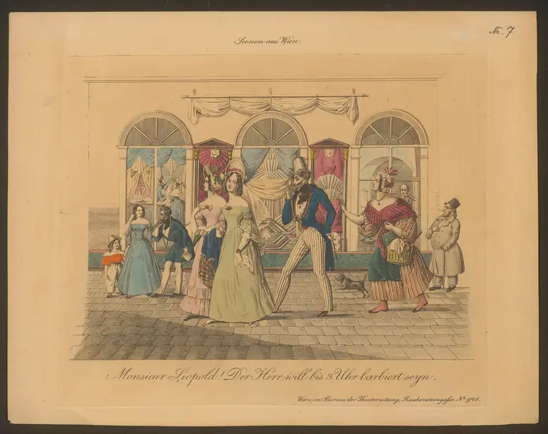 Monsieur Leopold! Der Herr will bis 3 Uhr barbiert seyn., Titel der Serie: Wiener Scene, Name der Zeitschrift: Wiener Theaterzeitung