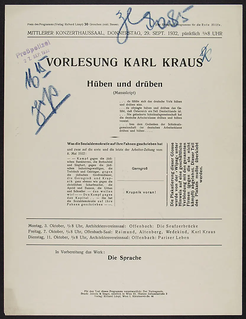 Vorlesung Karl Kraus, Weiterer Titel: Hüben und drüben