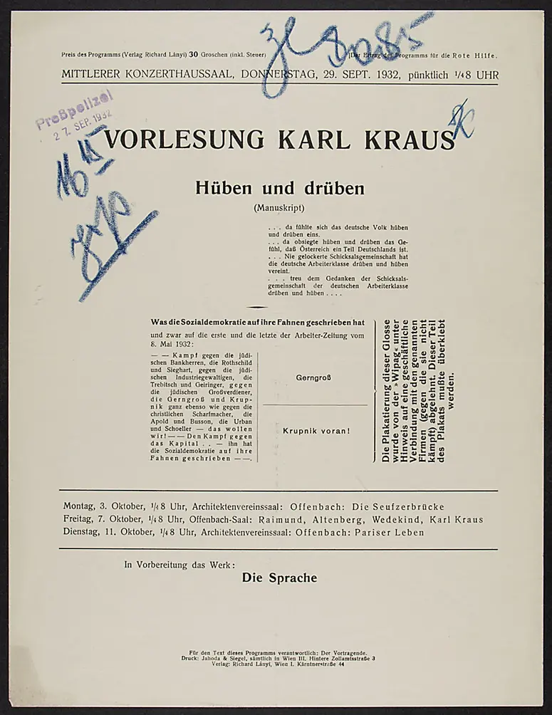 Vorlesung Karl Kraus, Weiterer Titel: Hüben und drüben