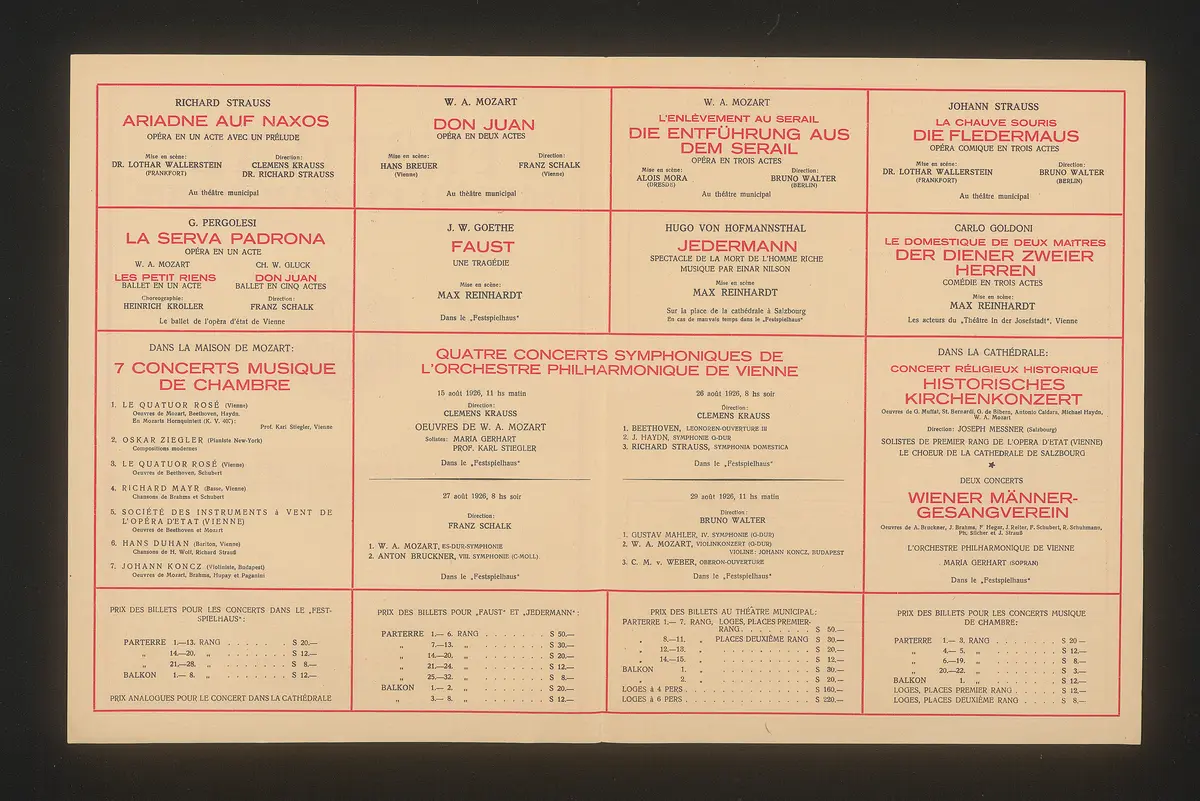 Salzburger Festspiele 1926, Titel in Vorlageform: Festival musical et dramatique Salzbourg 1926, Verweis auf Stücktitel: Ariadne aus Naxos, Verweis auf Stücktitel: Don Juan, Verweis auf Stücktitel: Die Entführung aus dem Serail, Verweis auf Stücktitel: Die Fledermaus, Verweis auf Stücktitel: La serva padrona, Verweis auf Stücktitel: Turandot, Verweis auf Stücktitel: Jedermann, Verweis auf Stücktitel: Der Diener zweier Herren
