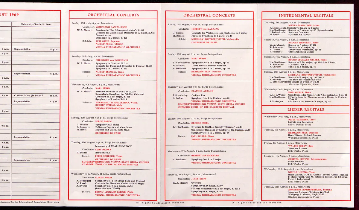 Salzburger Festspiele 1969, Titel in Vorlageform: Salzburg Festival 1969, Verweis auf Stücktitel: Fidelio, Verweis auf Stücktitel: Rappresentatione di anima e di corpo, Verweis auf Stücktitel: Bastien und Bastienne, Verweis auf Stücktitel: Cosi fan tutte, Verweis auf Stücktitel: Don Giovanni, Verweis auf Stücktitel: La serva padrona, Verweis auf Stücktitel: Der Barbier von Sevilla, Verweis auf Stücktitel: Der Rosenkavalier, Verweis auf Stücktitel: Jedermann, Verweis auf Stücktitel: Der Alpenkönig und der Menschenfeind