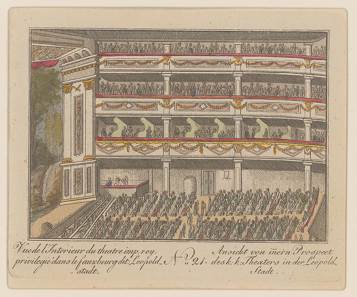 Wien, Theater in der Leopoldstadt, Titel in Vorlageform: Vue de L'Interieur du theatre imp: roy: privilegié dans le fauxbourg dit Leopold=stadt / Ansicht von innern Prospect des k:k: Theaters in der Leopold=Stadt
