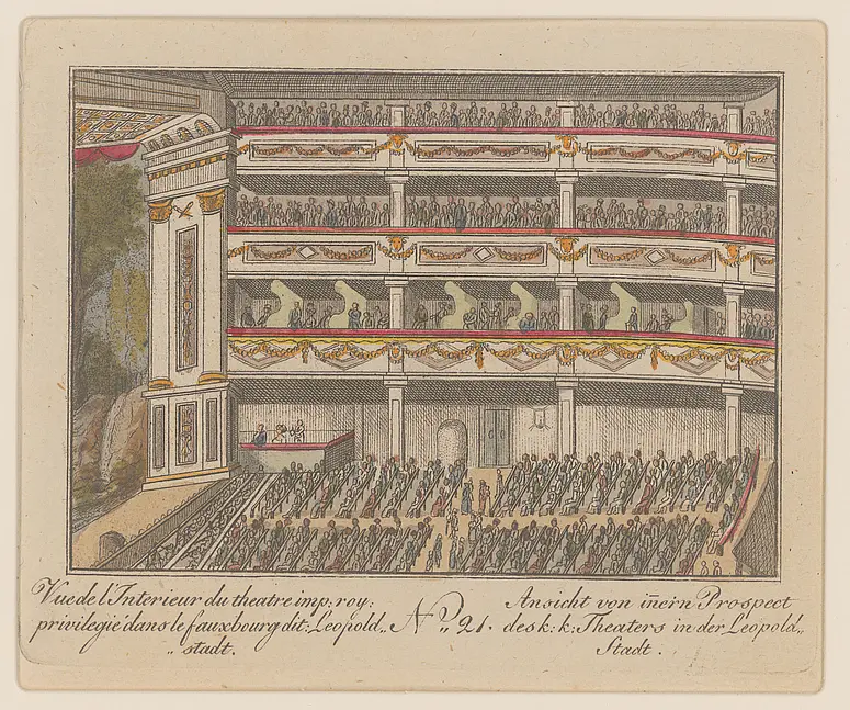 Wien, Theater in der Leopoldstadt, Titel in Vorlageform: Vue de L'Interieur du theatre imp: roy: privilegié dans le fauxbourg dit Leopold=stadt / Ansicht von innern Prospect des k:k: Theaters in der Leopold=Stadt