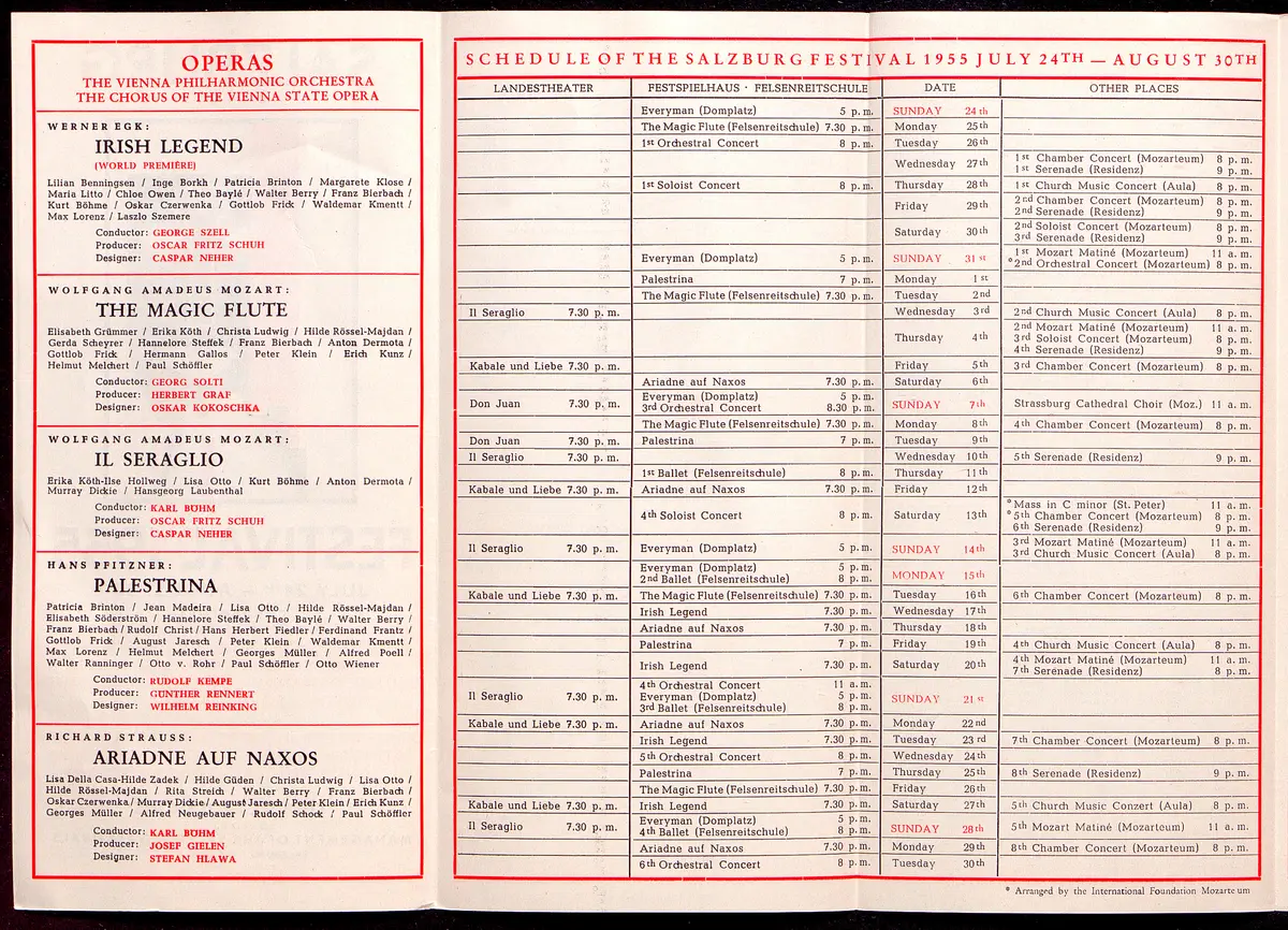 Salzburger Festspiele 1955, Titel in Vorlageform: Salzburg Festival 1955, Verweis auf Stücktitel: Irische Legende, Verweis auf Stücktitel: Zauberflöte, Verweis auf Stücktitel: Entführung aus dem Serail, Verweis auf Stücktitel: Palestrina, Verweis auf Stücktitel: Ariadne auf Naxos, Verweis auf Stücktitel: Jedermann, Verweis auf Stücktitel: Kabale und Liebe