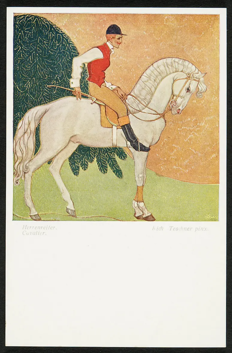 Herrenreiter, Weiterer Titel: Cavalier, Alternativtitel: Dekoratives Sportbild für die Jagdausstellung 1910, Wien