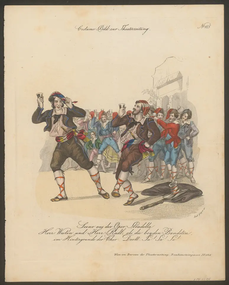 Alessandro Stradella, Titel in Vorlageform: Scene aus der Oper Stradella / Herr Westen und Herr Radl als die beyden Banditen, Titel der Serie: Costume-Bild, Name der Zeitschrift: Wiener Theaterzeitung