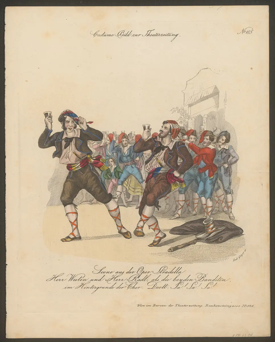 Alessandro Stradella, Titel in Vorlageform: Scene aus der Oper Stradella / Herr Westen und Herr Radl als die beyden Banditen, Titel der Serie: Costume-Bild, Name der Zeitschrift: Wiener Theaterzeitung