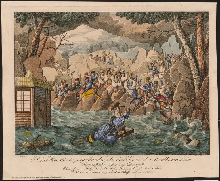 Acht Monathe in zwey Stunden oder Die Macht kindlicher Liebe, Titel der Serie: Gallerie interessanter und drolliger Scenen, Name der Zeitschrift: Wiener Theaterzeitung, Alternativtitel: Acht Monate in zwei Stunden oder Die Macht der kindlichen Liebe