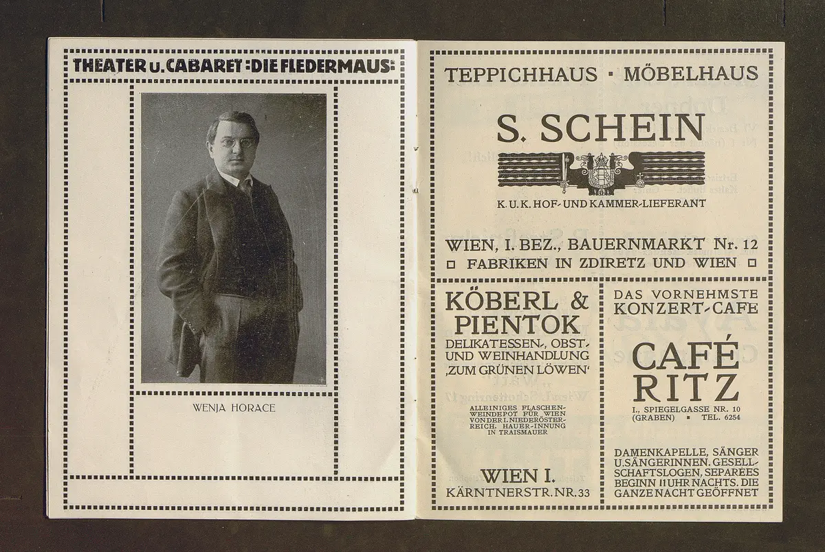 Kabarett Fledermaus, Titel in Vorlageform: Fledermaus Theater und Cabaret, Verweis auf Stücktitel: Rampsenit, Verweis auf Stücktitel: La main