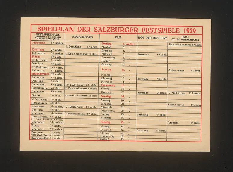 Salzburger Festspiele 1929, Verweis auf Stücktitel: Fidelio, Verweis auf Stücktitel: Don Juan, Verweis auf Stücktitel: Der Rosenkavalier, Verweis auf Stücktitel: Jedermann