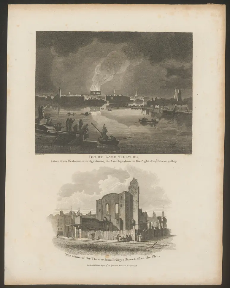 London, Drury Lane, Alternativtitel: London, Theatre Royal, Drury Lane, Titel in Vorlageform: Drury Lane Theatre taken from the Westminster Bridge during the Conflagration on the Night of 24th February, 1809. / The Ruins of the Theatre from Bridge Street, after the Fire., Titel der Serie: Londina Illustrata