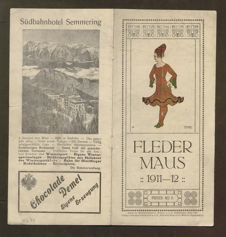 Kabarett Fledermaus, Titel in Vorlageform: Fledermaus 1911-12, Verweis auf Stücktitel: Colombinens Untreue, Verweis auf Stücktitel: Das blonde Abenteuer, Verweis auf Stücktitel: Kokottchens Mission