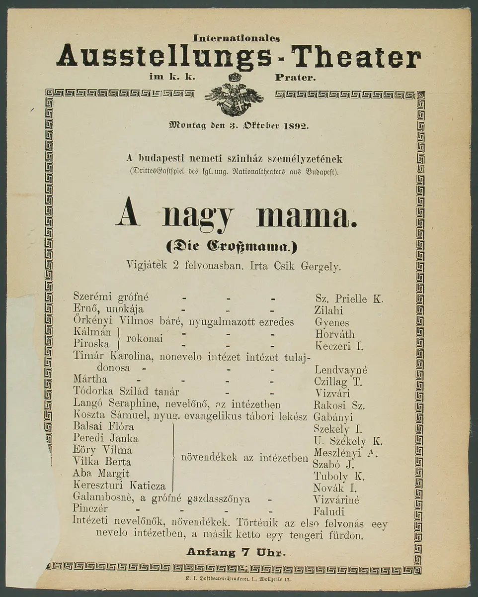 Die Großmama, Titel in Vorlageform: A nagy mama