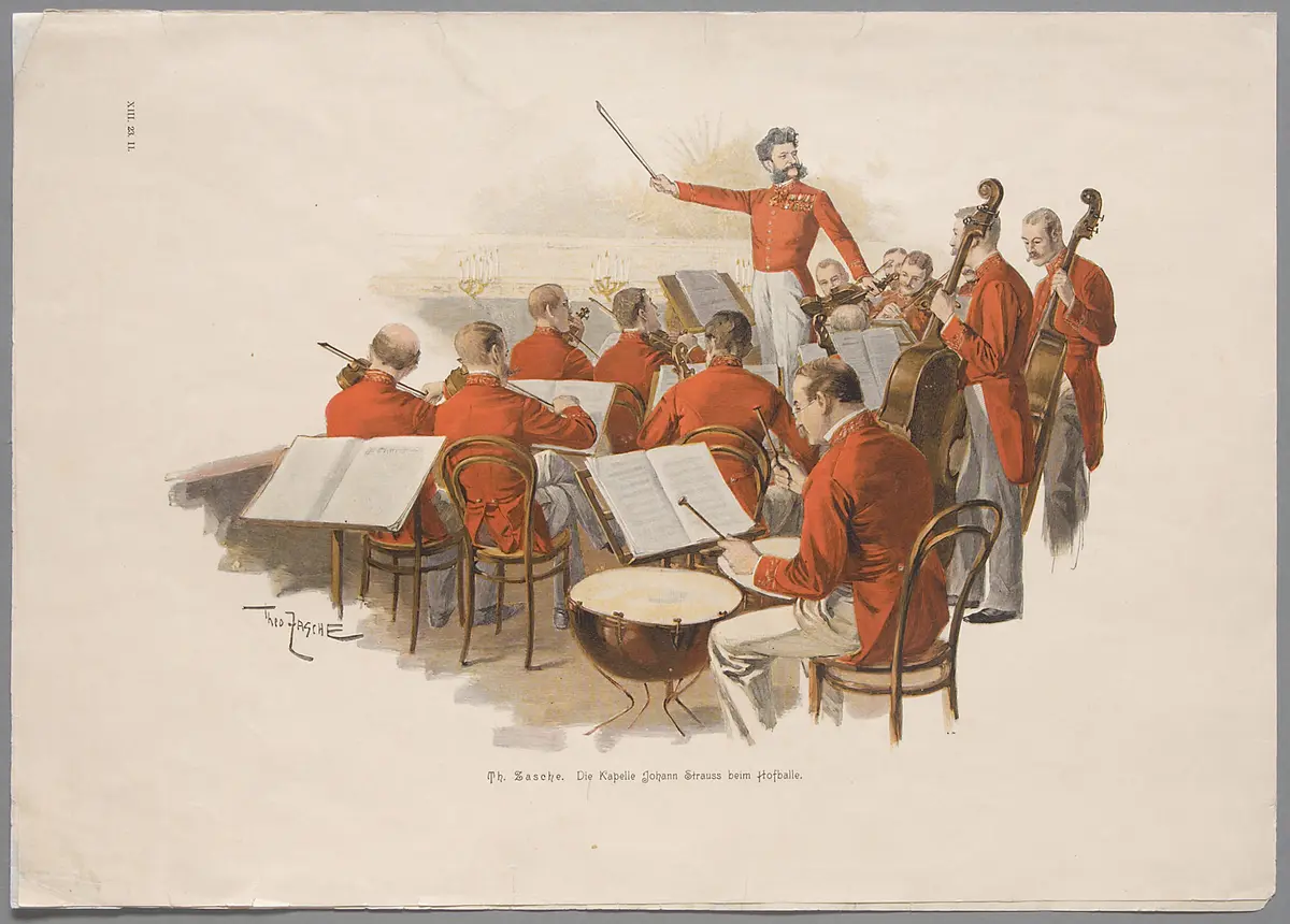 Johann Strauss und die Musiker seiner Kapelle, Titel in Vorlageform: Die Kapelle Johann Strauss beim Hofballe, Name der Zeitschrift: Moderne Kunst