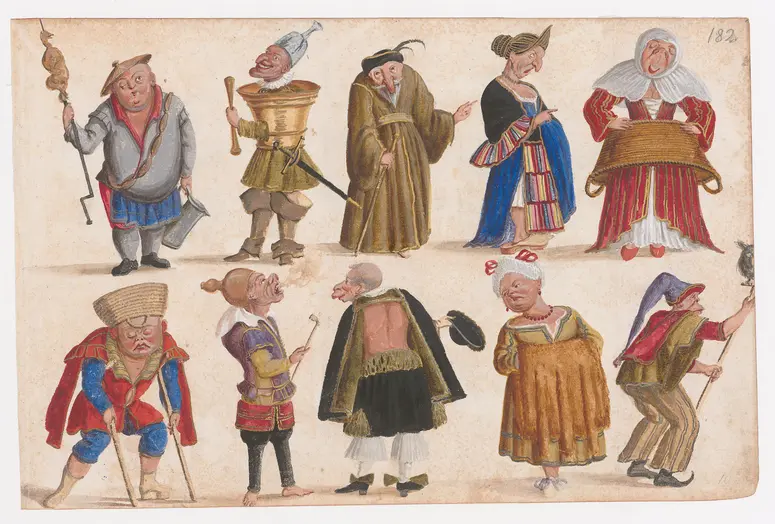 Zehn Grotesken, Titel der Serie: Nani e Maschere ridicole, Drei Blätter mit jeweils zehn Grotesken