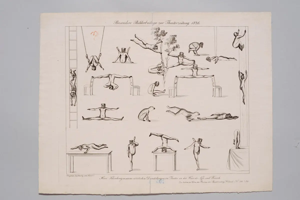 Eduard Klischnigg, Titel der Serie: Besonderer Bildbeilage zur Theaterzeitung, Name der Zeitschrift: Wiener Theaterzeitung, Verweis auf Stücktitel: Affe und Frosch