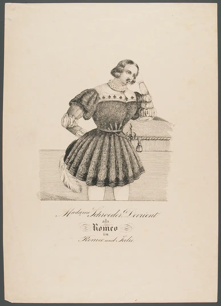 Wilhelmine Schröder-Devrient, Titel in Vorlageform: Madame Schroeder Devrient als Romeo in Romeo und Julia, Verweis auf Stücktitel: Romeo und Julia, Verweis auf Stücktitel: I Capuleti e i Montecchi