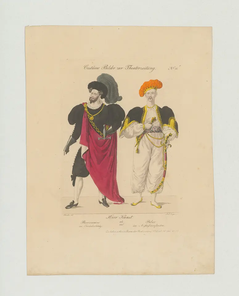 Wilhelm Kunst, Titel der Serie: Costume-Bild, Name der Zeitschrift: Wiener Theaterzeitung, Verweis auf Stücktitel: Der Seeräuberkönig, Verweis auf Stücktitel: Bibar der Assassinenfürst