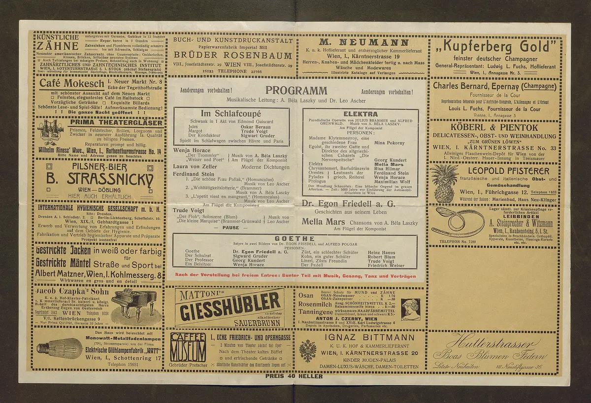 Kabarett Fledermaus, Titel in Vorlageform: Fledermaus Theater und Kabarett, Verweis auf Stücktitel: Im Schlafcoupé, Verweis auf Stücktitel: Elektra, Verweis auf Stücktitel: Goethe
