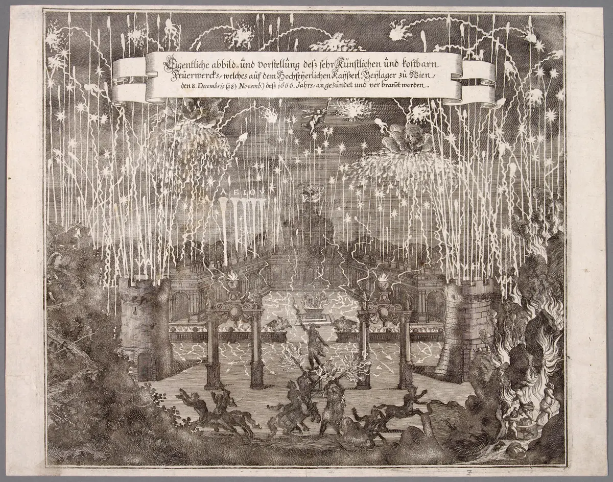 Frohlockungs-Flammen, Weiterer Titel: Von Himmel entzündete und durch allgemeinen Zuruf der Erde sich himmelwärts erschwingende Frohlockungs-Flammen, Titel in Vorlageform: Eigentliche abbild und vorstellung deß sehr künstlichen und kostbarn feuerwercks, welches auf dem hochfeyerlichen kayserl. Beylager zu Wien den 8. Decembris (28) Novemb.) deß 1666. Jahrs angezündet und verbrannet worden.